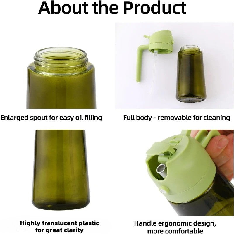 Green translucent oil sprayer and pourer bottle with light green lid, shown open, in hand, and disassembled