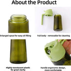 Green translucent oil sprayer and pourer bottle with light green lid, shown open, in hand, and disassembled
