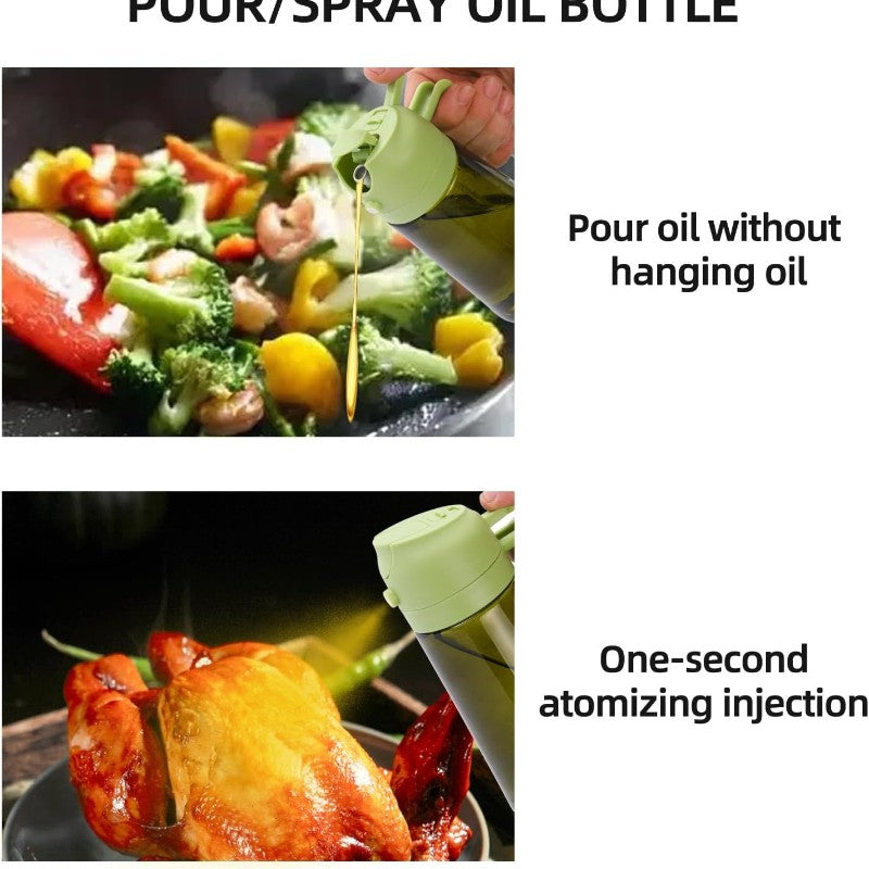 Green oil sprayer and pourer bottle shown pouring oil on vegetables and spraying oil on roast chicken