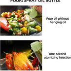 Green oil sprayer and pourer bottle shown pouring oil on vegetables and spraying oil on roast chicken