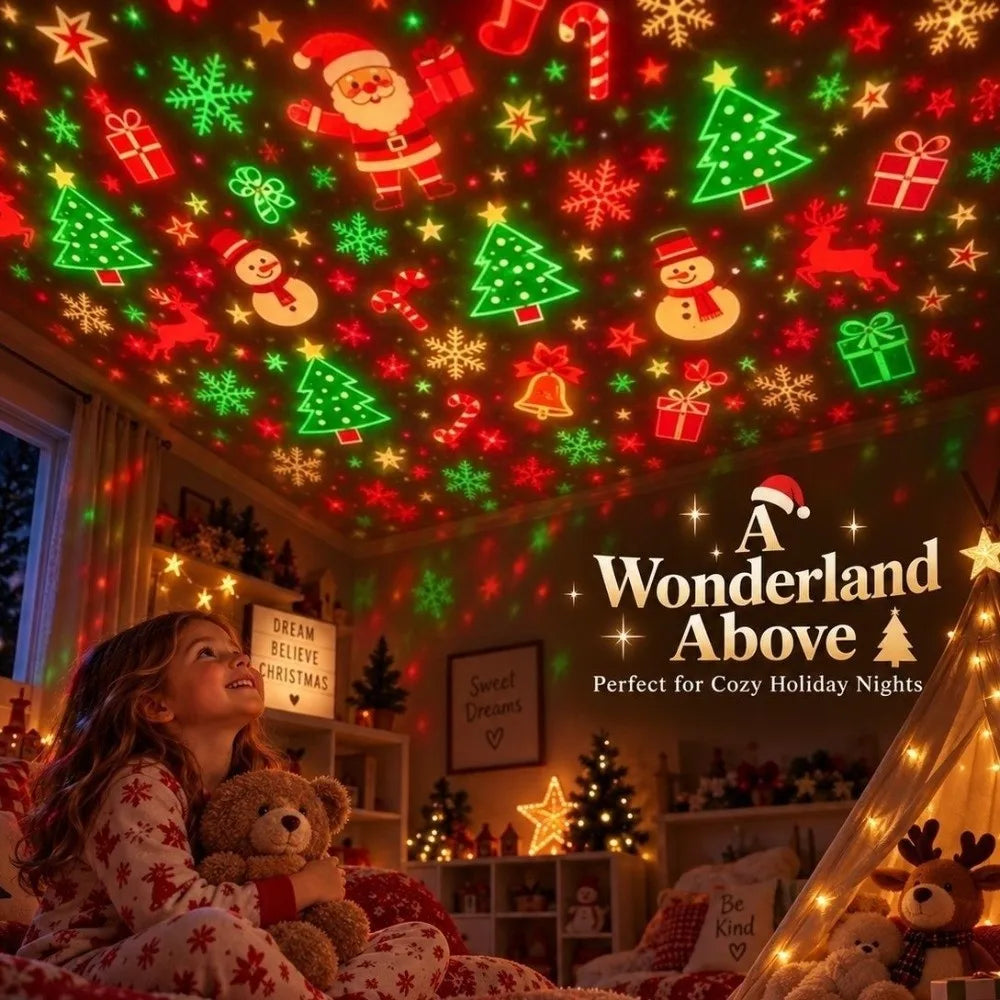 Young girl in pajamas holds a teddy bear, gazing at red and green Christmas shapes projected on the ceiling