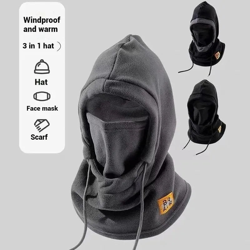 Gray fleece winter hood with face cover and scarf, shown on a mannequin with two black variants