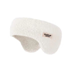 White knit winter ear warmer headband with a small beige tag, shown on a plain white background