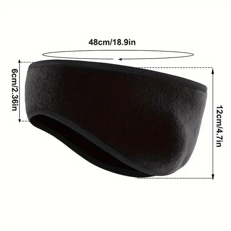 Black fleece ear warmer headband displayed on a white background with size measurements shown