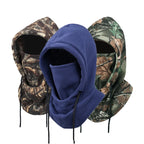 Three fleece winter balaclavas in blue and two camouflage patterns displayed upright side by side