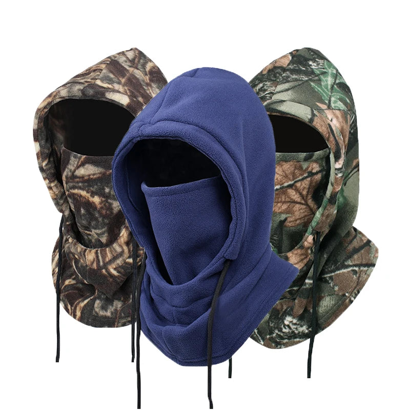 Three fleece winter balaclavas in blue and two camouflage patterns displayed upright side by side