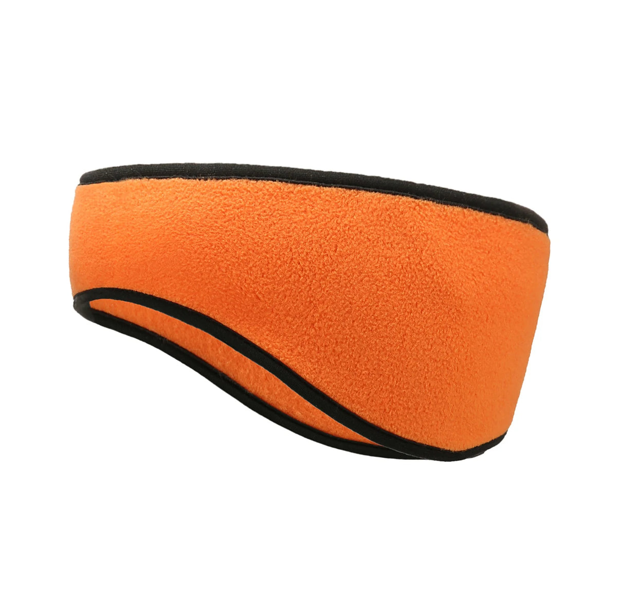 Orange fleece ear warmer headband with black trim, shown on a white background, side view