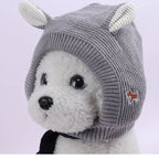 Gray knitted dog ear muffs with white ear accents on a fluffy white dog, shown from the side