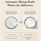 Comparison of two clear cups from above showing manual mixing with clumps vs electric mixing smooth
