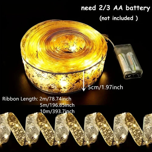 Gold and white Christmas ribbon string lights with star patterns, shown coiled and unrolled, battery pack attached