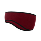 Maroon fleece ear warmer headband with black trim, shown from a side angle on a white background