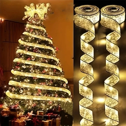 Warm white ribbon string lights wrapped around a Christmas tree, with two unrolled ribbon lights nearby