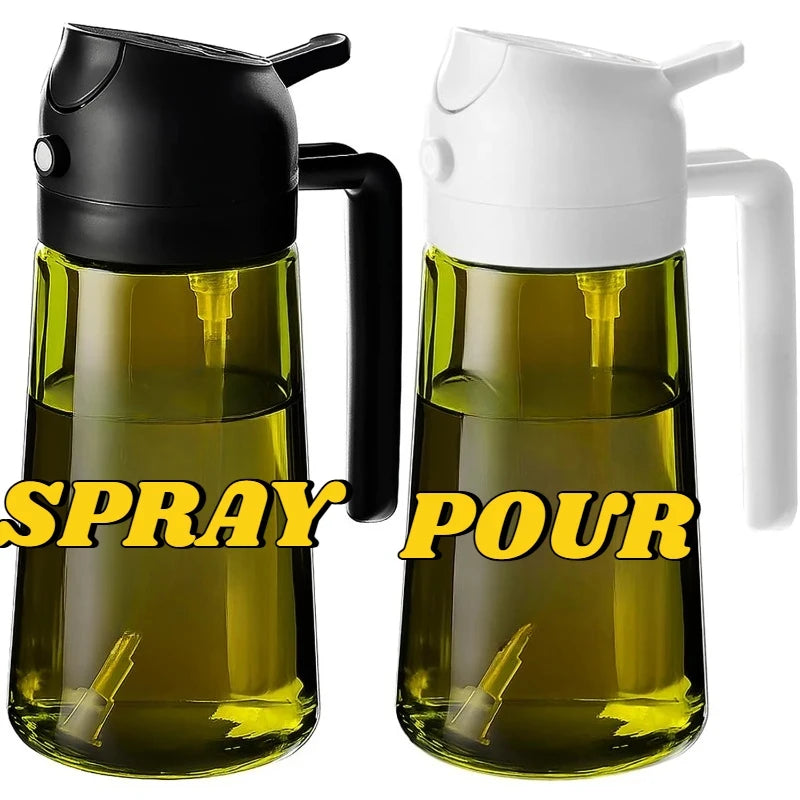 Two oil dispenser bottles filled with yellow oil, one with a black top and one with a white top, both shown upright