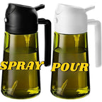 Two oil dispenser bottles filled with yellow oil, one with a black top and one with a white top, both shown upright