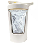 White electric shaker cup with clear body, filled with water showing a mixing vortex inside