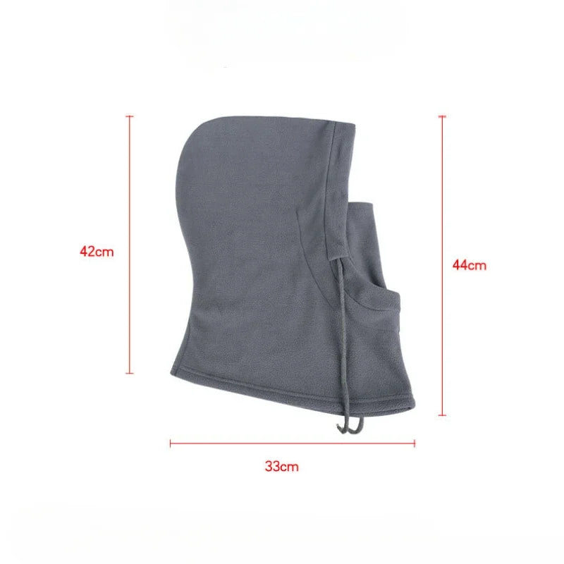 Dark grey fleece balaclava flat on a white background, with measurements 42cm, 44cm, and 33cm shown
