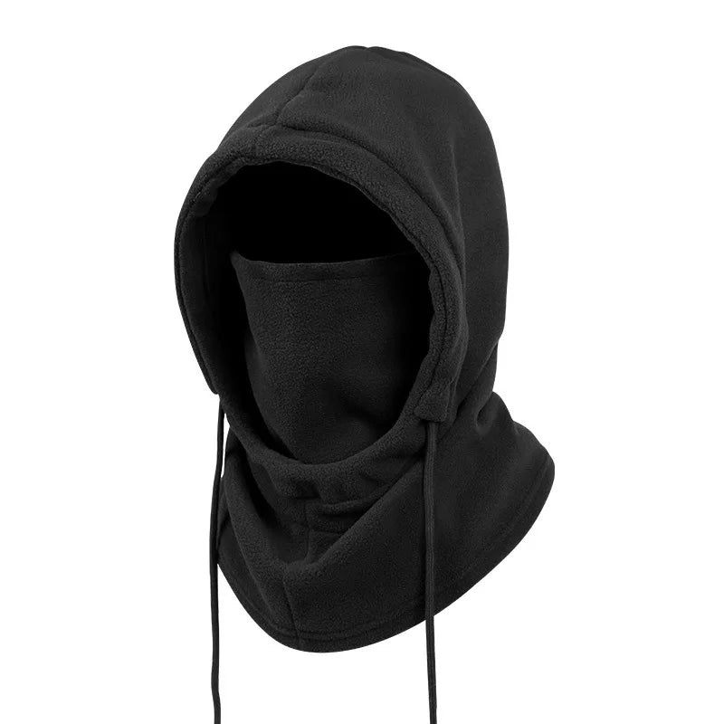 Black fleece balaclava with hood and face cover, shown on a white background, front view