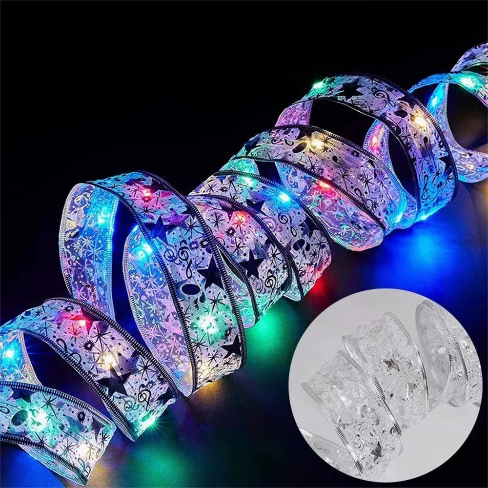 Silver ribbon string lights with snowflake and star patterns, glowing in multicolor on a dark surface, with a small inset showing the unlit ribbon