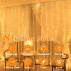 Warm white solar curtain string lights hanging over draped curtains in a cozy indoor room setting