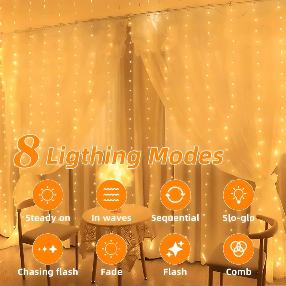 Warm white solar curtain string lights hanging over draped curtains in a cozy indoor room setting