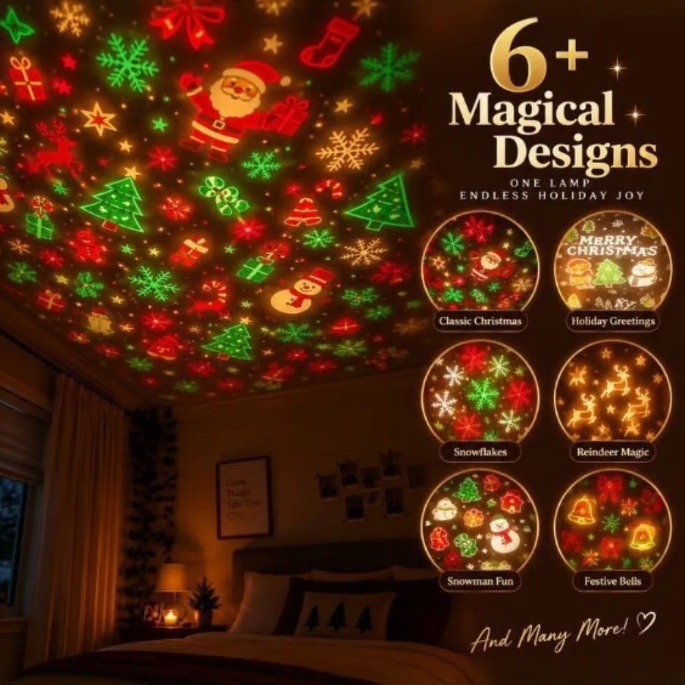 Christmas-themed projector displays colorful images of Santa, trees, and snowflakes on a bedroom ceiling