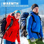 Two people hiking in the snow, each wearing a fleece ear warmer headband, one teal and one black