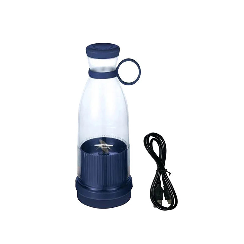 Clear and navy blue portable juice blender bottle with handle and USB charging cable, front view