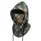 Fleece winter balaclava with green, brown, and black camouflage pattern, hooded style, front view