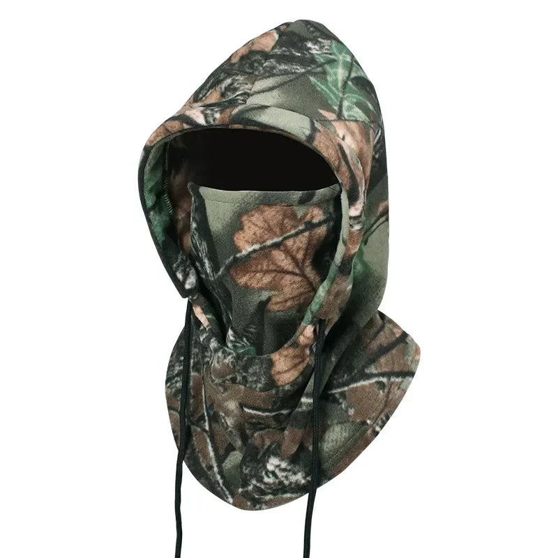 Fleece winter balaclava with green, brown, and black camouflage pattern, hooded style, front view