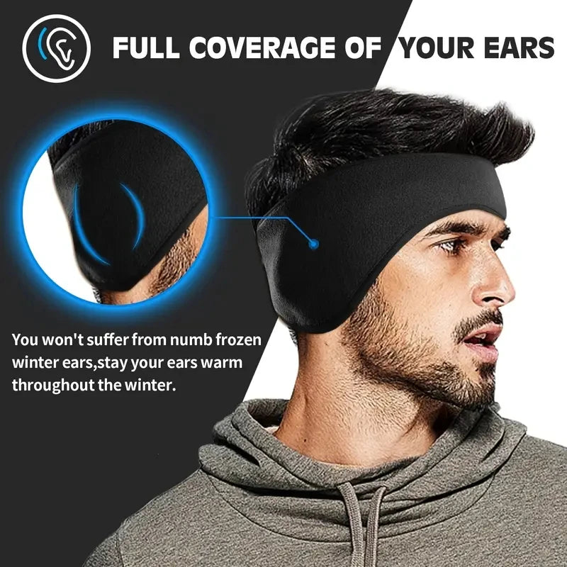 Black fleece ear warmer headband worn by a man in a grey hoodie, close-up side view