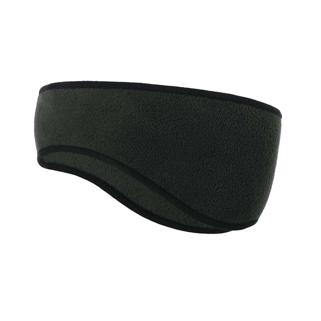 Black fleece ear warmer headband with curved edges, shown on a white background, side view