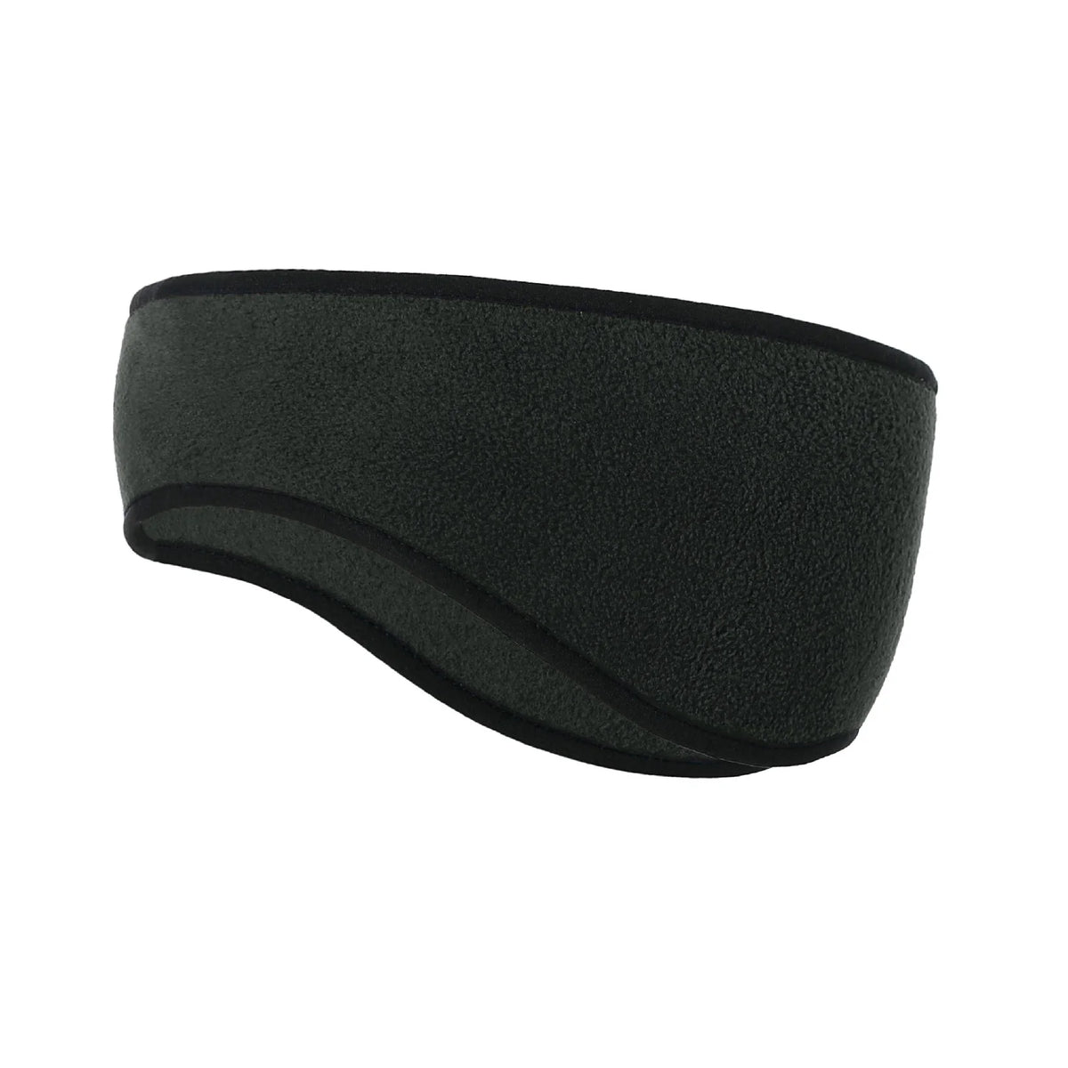 Black fleece ear warmer headband with curved edges, shown on a white background, side view