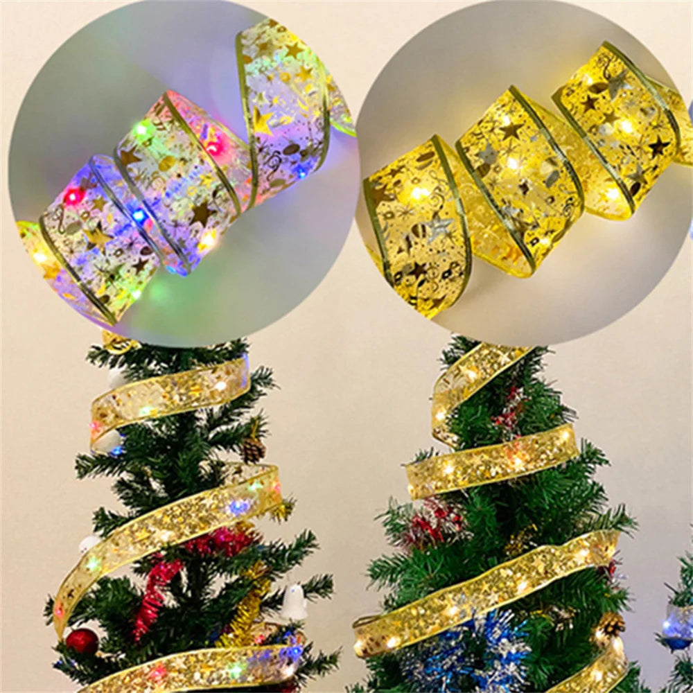 Gold ribbon string lights with star patterns, shown lit in multicolour and warm white, wrapped around Christmas trees