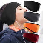 Black fleece ear warmer headband worn by a person outdoors, with three more colors shown on the right