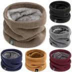 Six soft knitted neck warmers in brown, black, grey, navy, mustard, and burgundy, shown upright