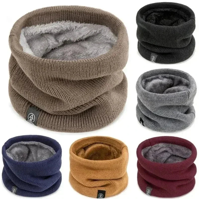 Six soft knitted neck warmers in brown, black, grey, navy, mustard, and burgundy, shown upright