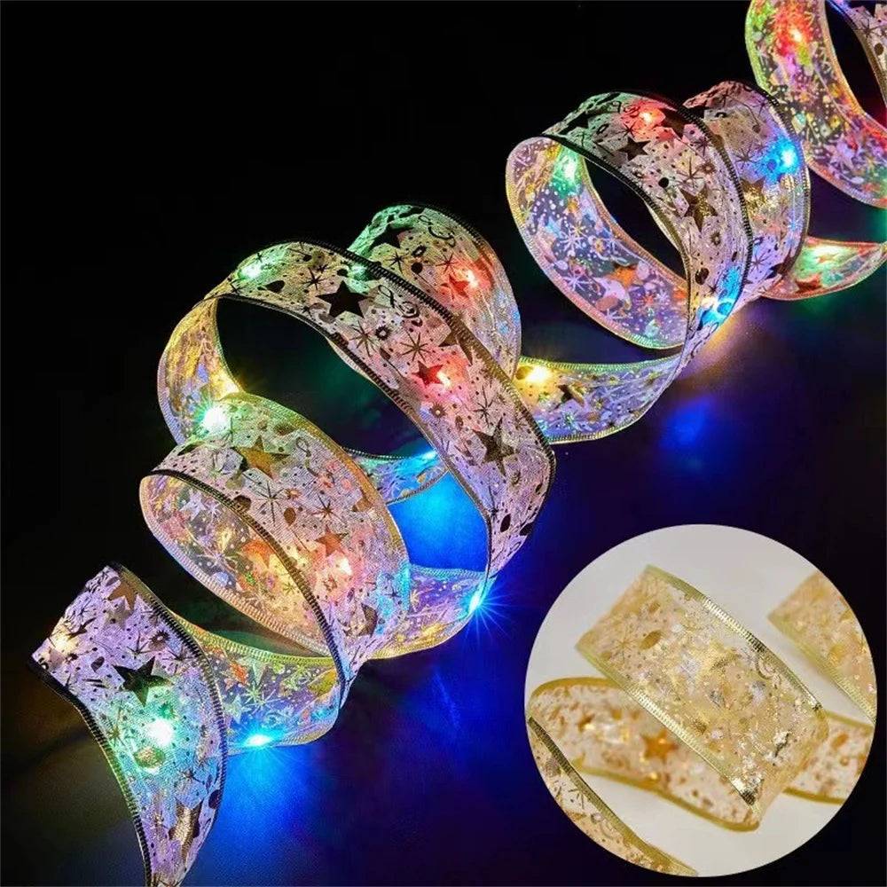 Gold and silver decorative ribbon string lights with colorful LEDs, shown lit in a dark setting and unlit with close-up detail in a round inset