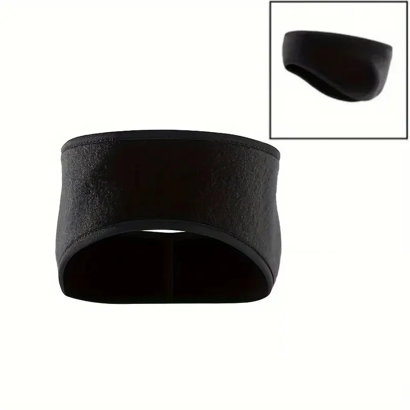 Black fleece ear warmer headband shown from the front, with a side angle view in the corner