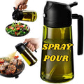 Clear and black oil sprayer and pourer bottle shown close-up, with examples of spraying on a grill and pouring over a salad