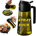 Clear and black oil sprayer and pourer bottle shown close-up, with examples of spraying on a grill and pouring over a salad