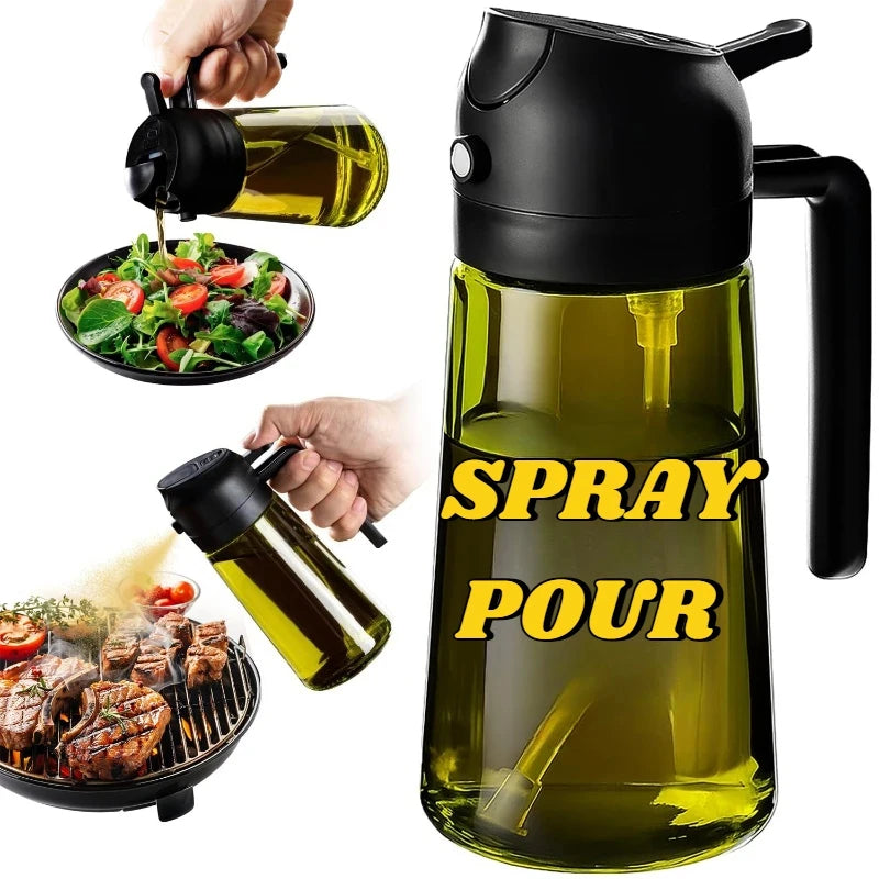 Clear and black oil sprayer and pourer bottle shown close-up, with examples of spraying on a grill and pouring over a salad
