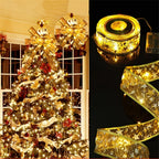 Gold ribbon string lights shown decorating a Christmas tree and rolled up, glowing in a dark setting