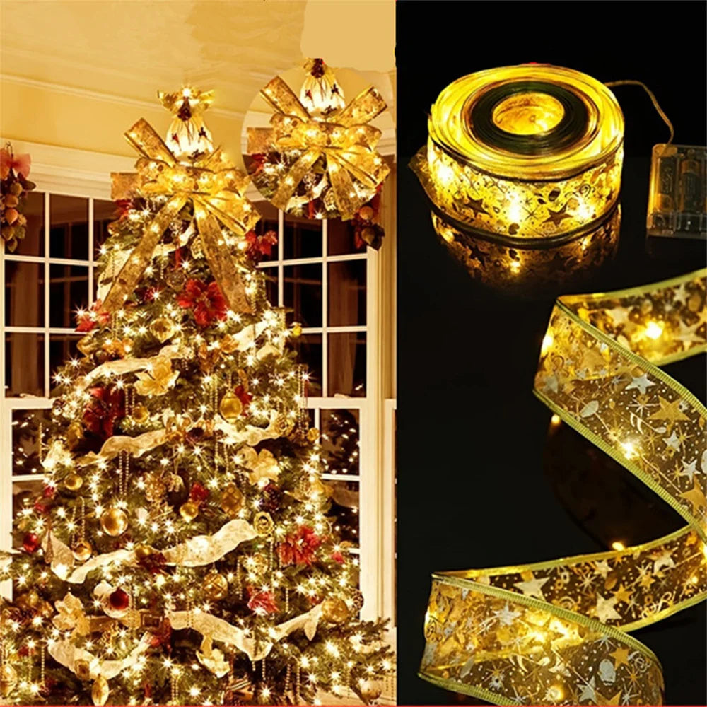Gold ribbon string lights shown decorating a Christmas tree and rolled up, glowing in a dark setting