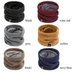 Six knitted winter neck warmers in black, wine red, grey, yellow, khaki, and navy blue, arranged in pairs