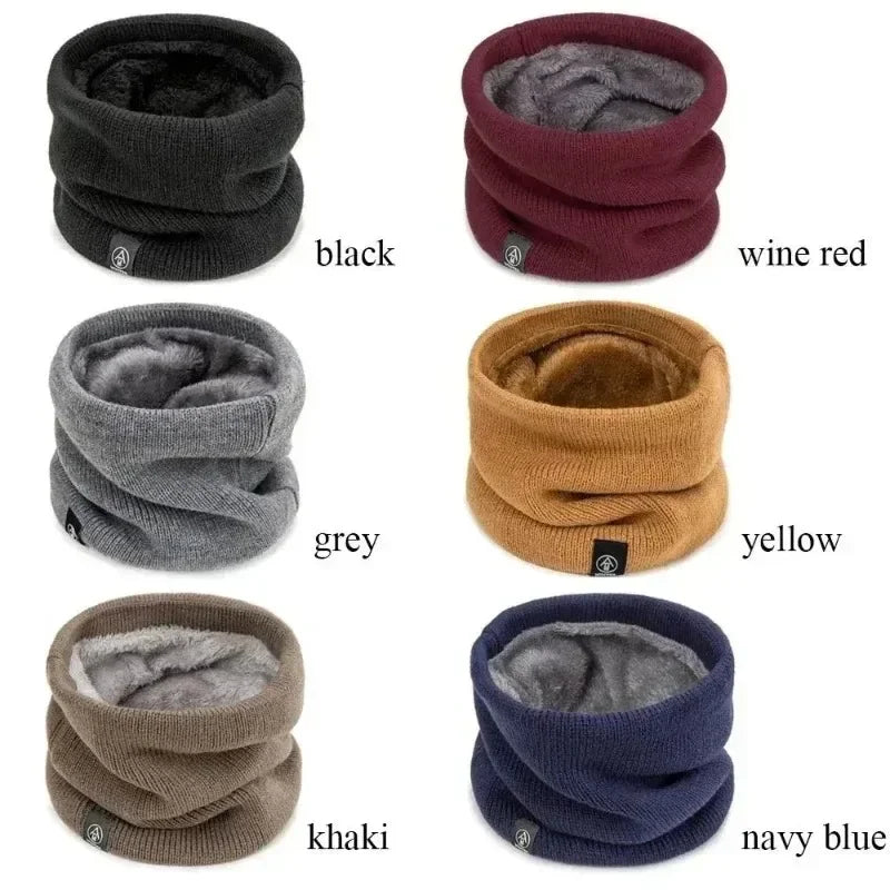 Six knitted winter neck warmers in black, wine red, grey, yellow, khaki, and navy blue, arranged in pairs