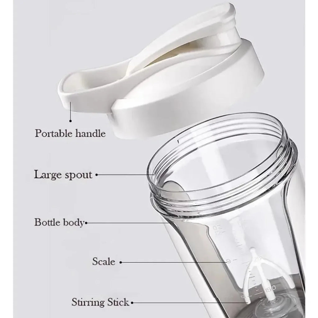 Clear electric protein shaker cup with white lid, shown open and labeled parts including scale and stirrer