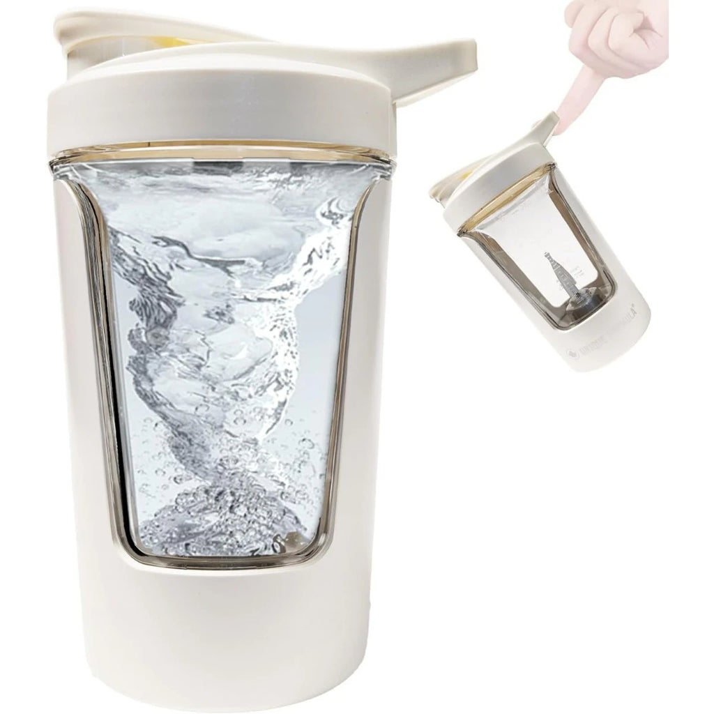 White electric protein shaker cup with clear body, shown mixing water and held by a hand in use