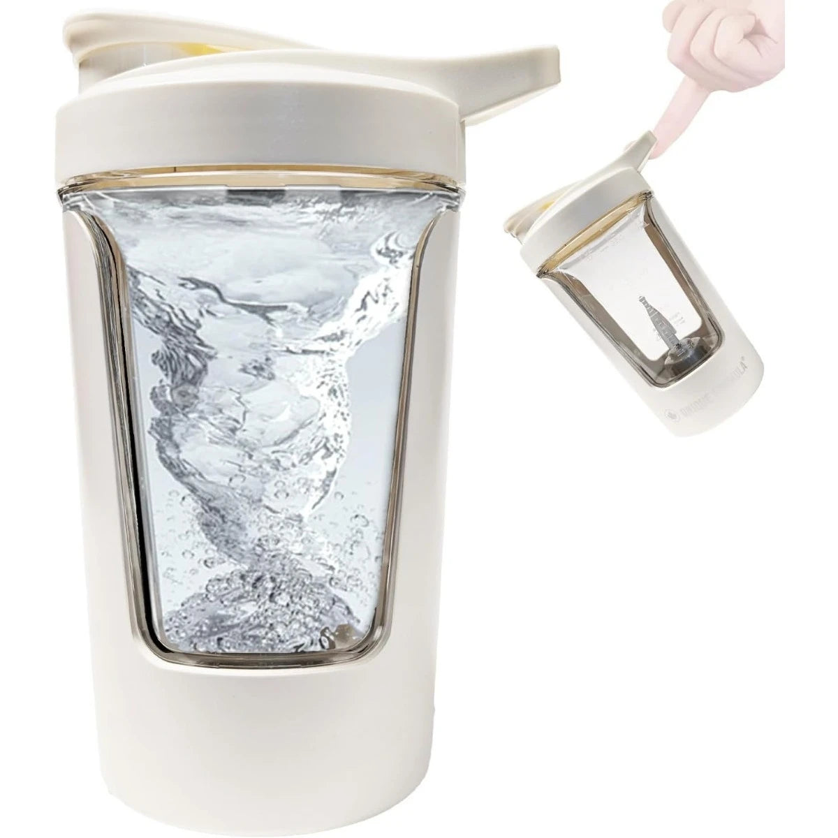 White electric protein shaker cup with clear body, shown mixing water and held by a hand in use