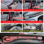 Car seat gap filler in maroon placed between black car seats and center console, size measurements shown