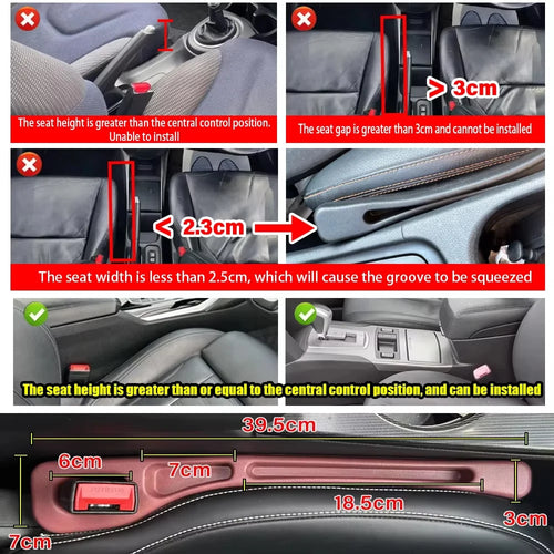 Car seat gap filler in maroon placed between black car seats and center console, size measurements shown